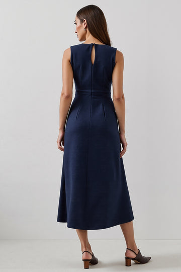 Navy Midi A Line Round Neck Work Dress
